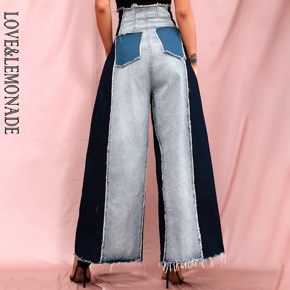 

LOVE & LEMONADE High Waist Colorblock Wash Wash Denim Straight Pants LM90200