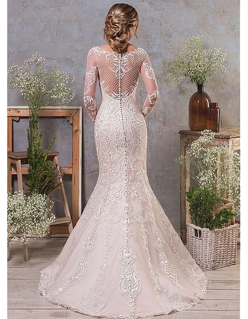 

Subtle Full Sleeve Lace Sheath Wedding Dresses Illusive Mesh Wedding Gowns