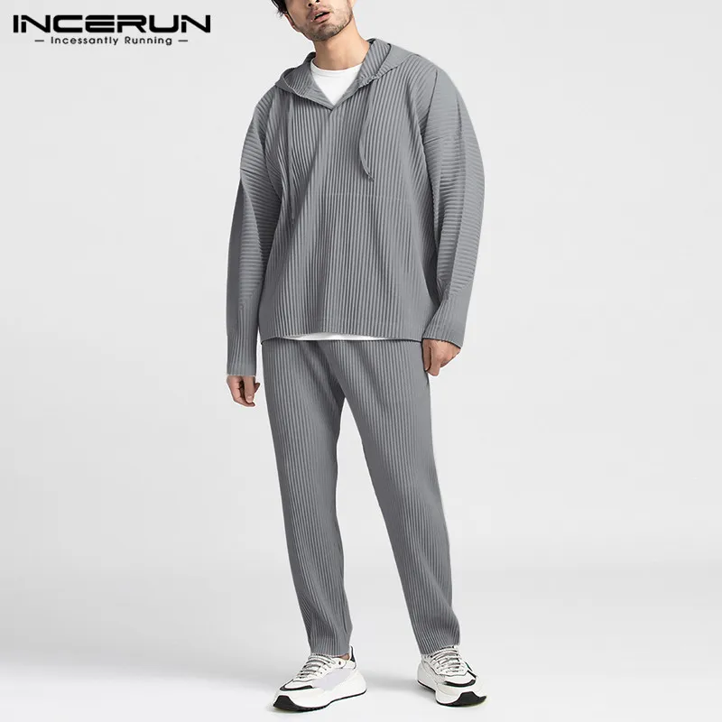 

INCERUN Men Sets Solid Color Loose Long Sleeve Hooded Sweatshirts Pants Streetwear Folds Casual Men Tracksuit Sets Breathable