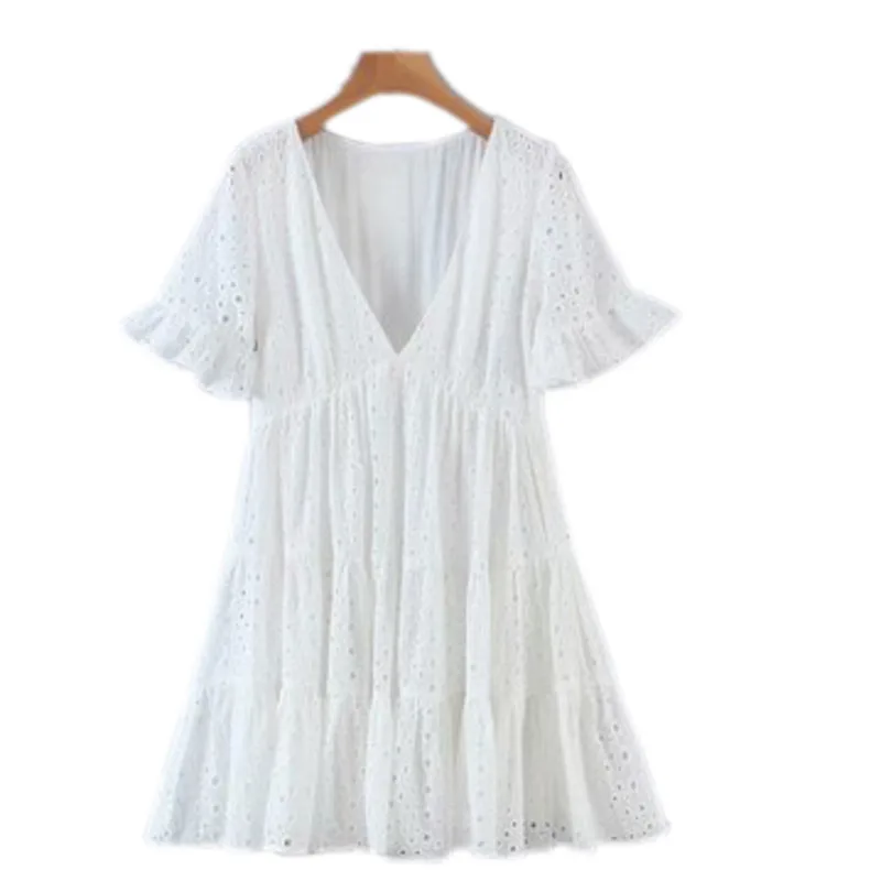 

YICIYA 2021 Summer new women's dress v-neck embroidery hollow stitching design street casual temperament mid-length dress women