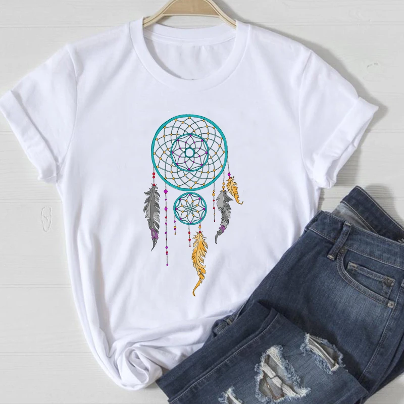 

Grunge Aesthetic Basic Woman T-Shirts Beautiful Dream Catcher Cartoon Printed T-Shirt Female Women's Clothing Summer 2021 New