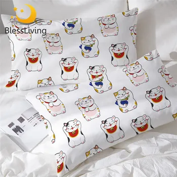 BLessliving Maneki Neko Pillowcase Beckoning Cat Sleeping Pillow Case Japanese Lucky Cat Bedding Cartoon Pillowcase Cover 2pcs 1