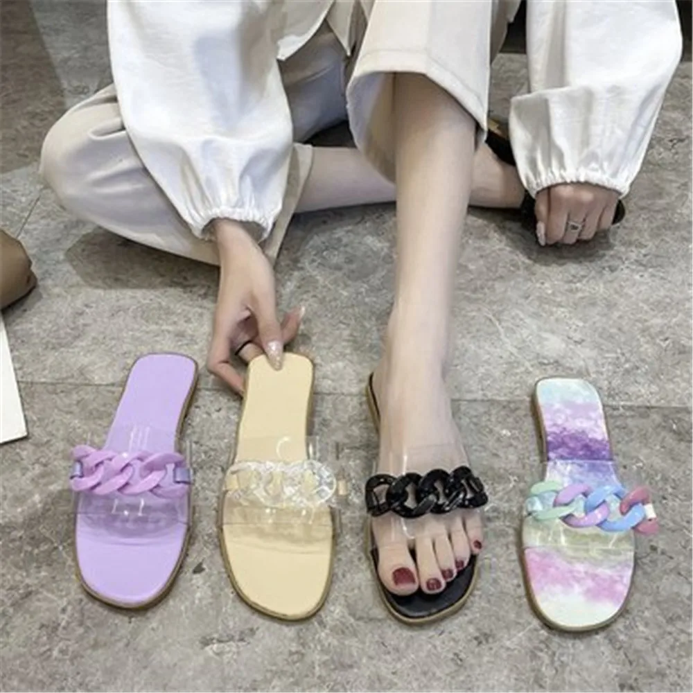 

New Ladies Slippers 2021 Summer Slides Fashion Black Chain Decorated Flat Round Toe Women Slides Female Beach Shoes Plus 35-43