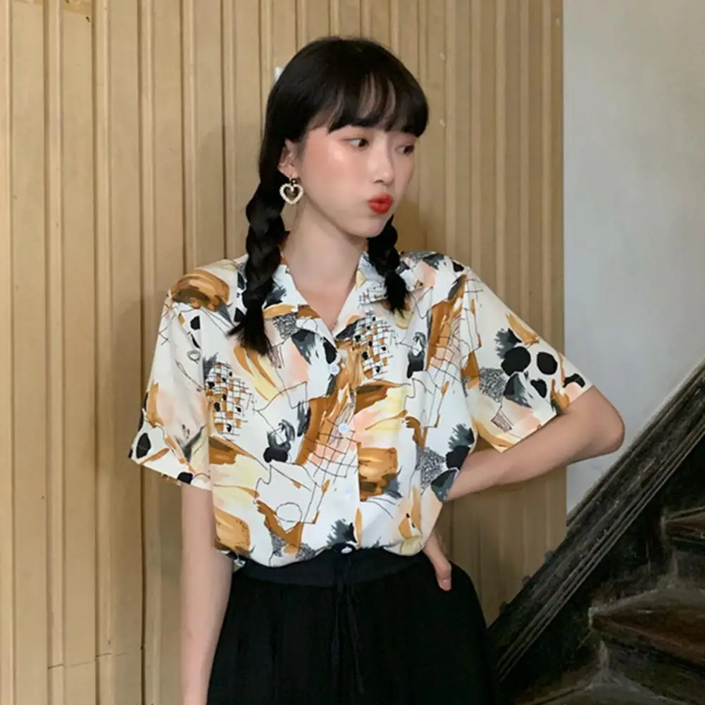 

Stylish Streetwear Graffiti Print Short Sleeves Button Women Loose Top Office Blouse Shirt