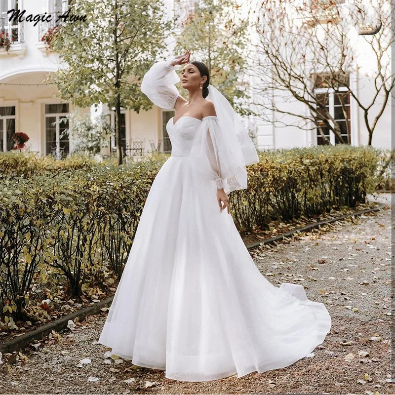 

Magic Awn Glitter Organza Wedding Dresses Boho Sweertheart Detachable Long Sleeves Pricness A-Line Bridal Gowns Simple Vestidos