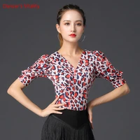 latin dance female adult elegant leopard print red practice top national standard dancing printing shirt performance clothing