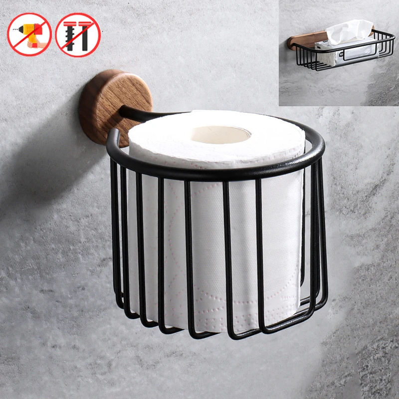 1Pc Creative Wooden Aluminum Tissue Holder Wall Mounted Bathroom Toilet Paper Rack Hollow Storage Basket Home Supplies