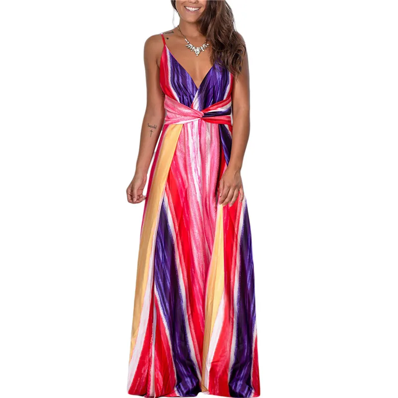 

Female Floral Print Slip Dress Deep V-Neck Sleeveless One-Piece Sundress Summer Fall Beach Long Vestidos Female High Waist Robe