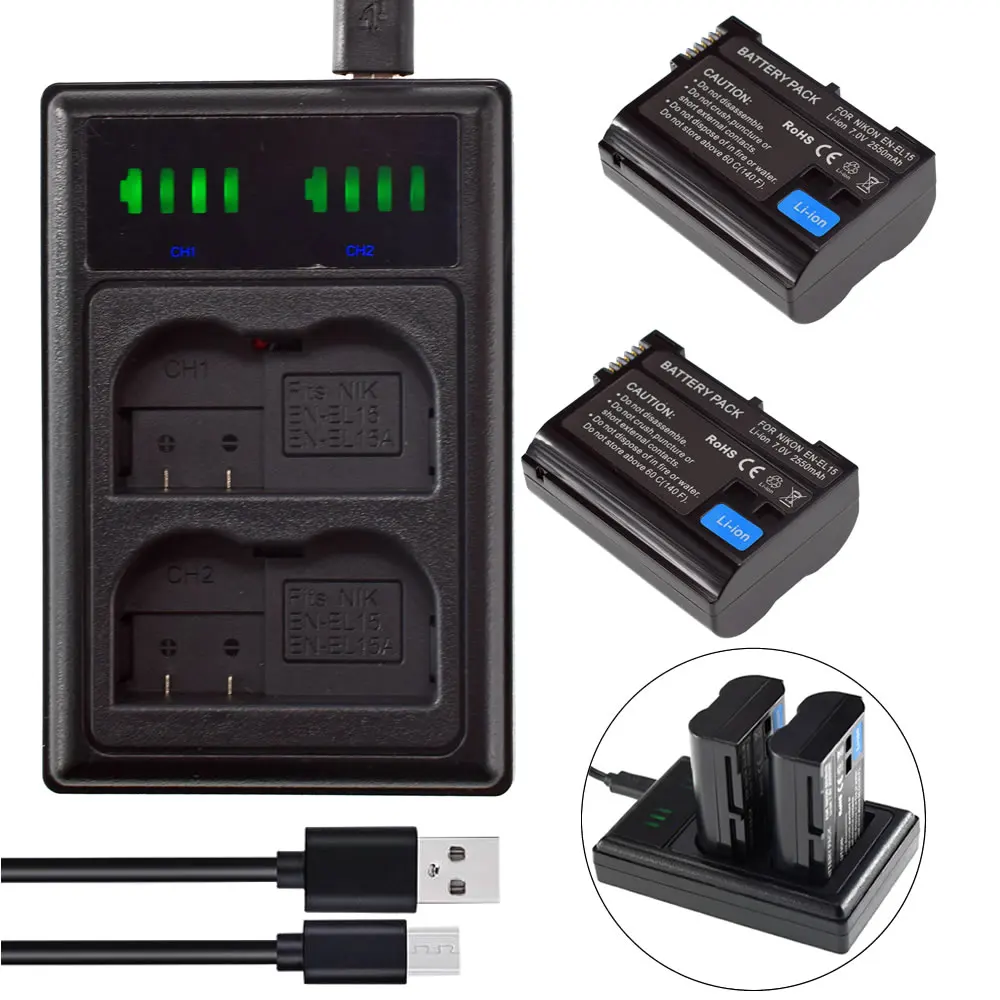 Аккумулятор 2X + зарядное устройство USB со светодиодной подсветкой для Φ EL15a EN EL15 Z6