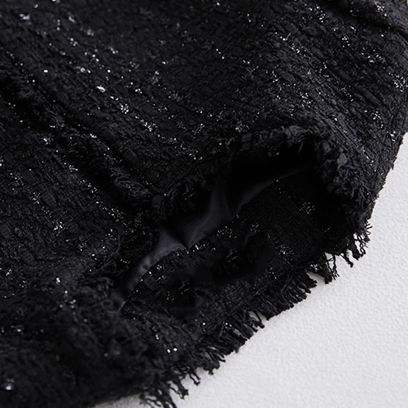 

Black Tweed Jacket Bright Silk Fabric Tassel Spring and Autumn Women's Jacket Women's Jacket