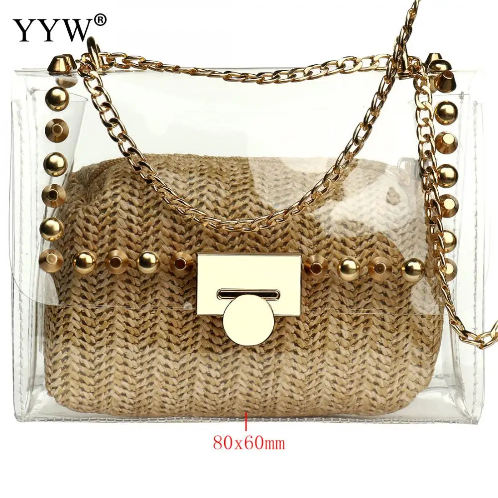 Plastic Jelly Bag With Straw Purse Wallets Soft Surface Daybag Crossbody Bag With Chain Transparent Handbags With Rivet Clutch от AliExpress WW