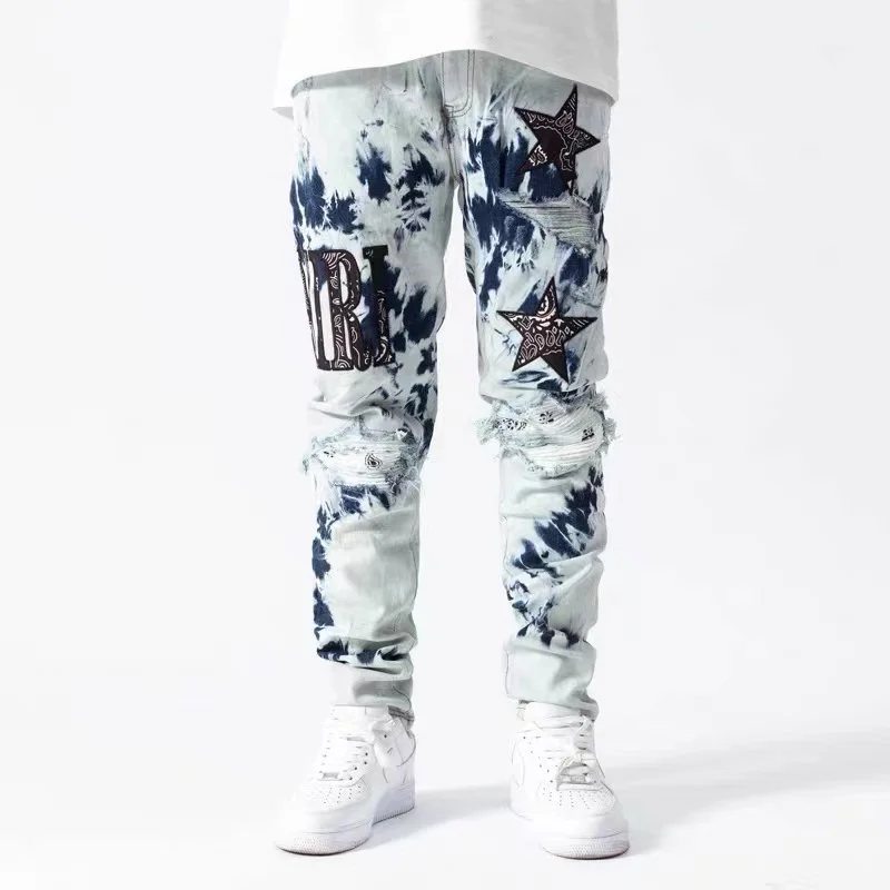 

American European and quality high tie-dyed embroidery ripped pants casual slim jeans men's street style size 40