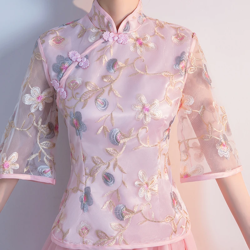 Комплект из 2 предметов платье Чонсам с вышивкой для вечеринки розовое подружки