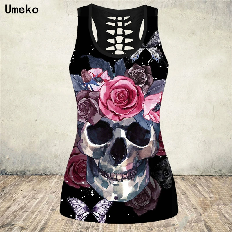 

Umeko 2021 Goth Hollow Out Sleeveless Tank Tops Women Summer Skull Printing Plus Size 5XL Tee Shirt Bodycon Clothes Y2K