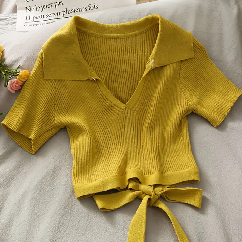 Укороченный топ женские рубашки-поло летняя футболка с коротким рукавом Женская