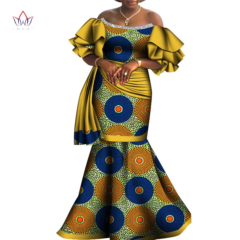 Bintarealwax Off-Shoulder Party Dress Dashiki Elegant Africa Style Clothing for Women Strapless Floor- Length Dresses  WY8794