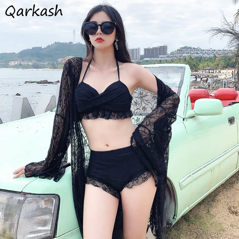 

Комплект бикини женский кружевной в стиле ретро, пляжный солнцезащитный дизайнерский шикарный праздничный купальник в японском стиле, для ...