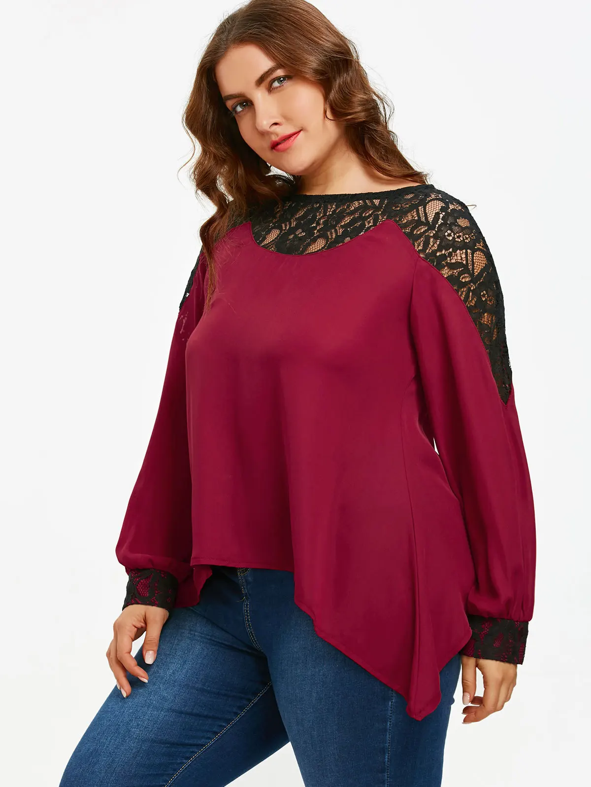 

women's the European and American big yards dress lace stitching irregular long-sleeved chiffon unlined upper garment