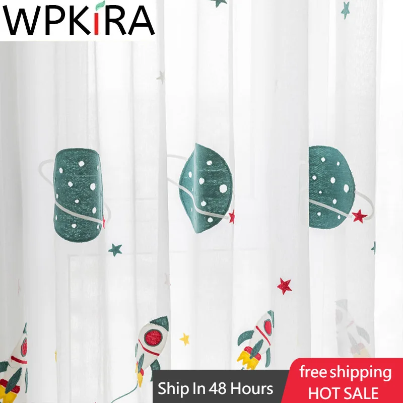 

Cartoon Outer Space Rocket Embroidered Voile Curtain For Kids Bedroom Living Room Sheer Window Drapes Luxury Children Tulle 20D3