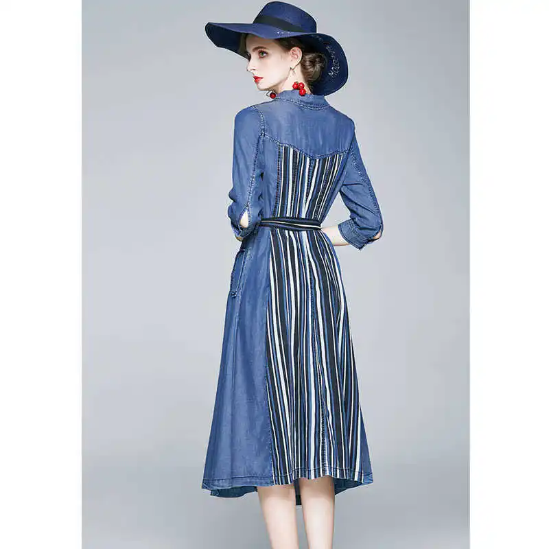 

Denim dress medium length 2021 spring / 3 sleeve stripe stitching shows elegant temperament