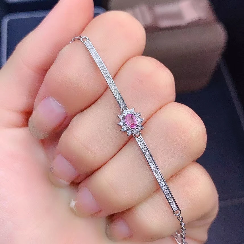 Женский браслет с розовым сапфиром изящный из серебра 925 пробы вставками