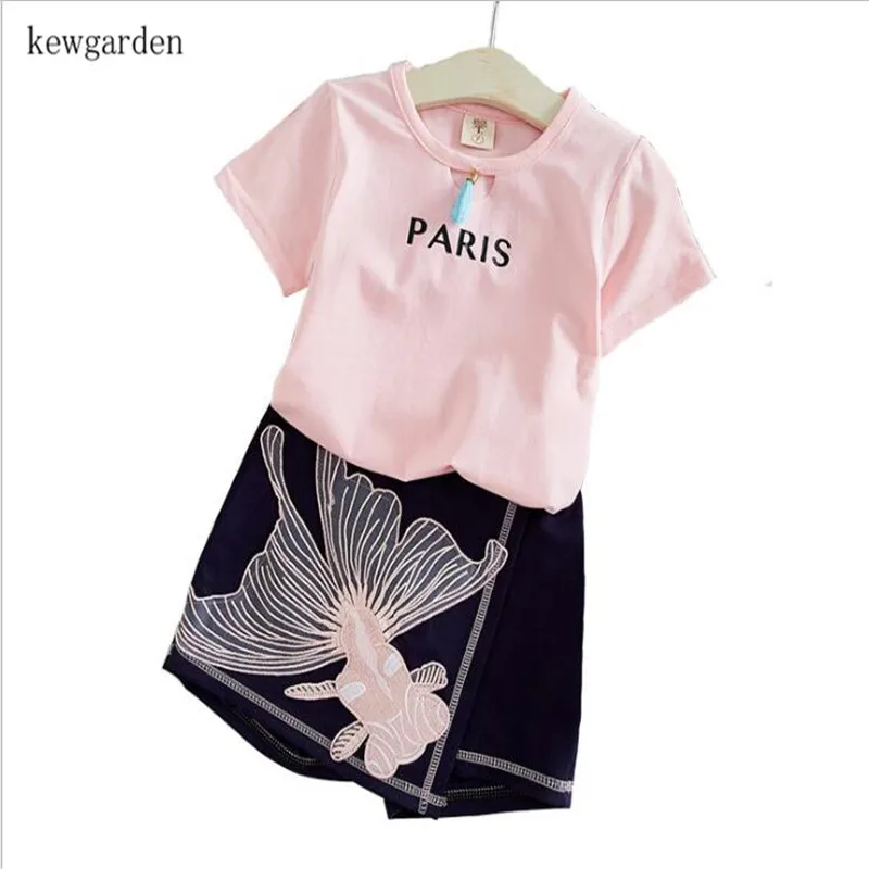 

2019 Children Girls Clothing Sets Print Letter Pink T-shirt + Embroidery Goldfish Shorts 2PCS Kids Summer Clothes Suit 2-6T