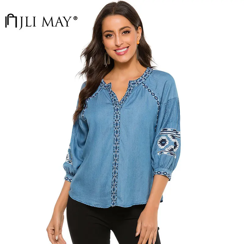 

JLI MAY Women's Denim Blouses V-Neck Three Quarter Sleeve Patchwork Embroidery Casual Loose Shirts