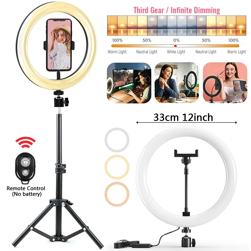 

Светодиодный кольцевой светильник, студийная лампа с регулируемой яркостью, 12 дюймов, 33 см, со штативом и пультом дистанционного управления...