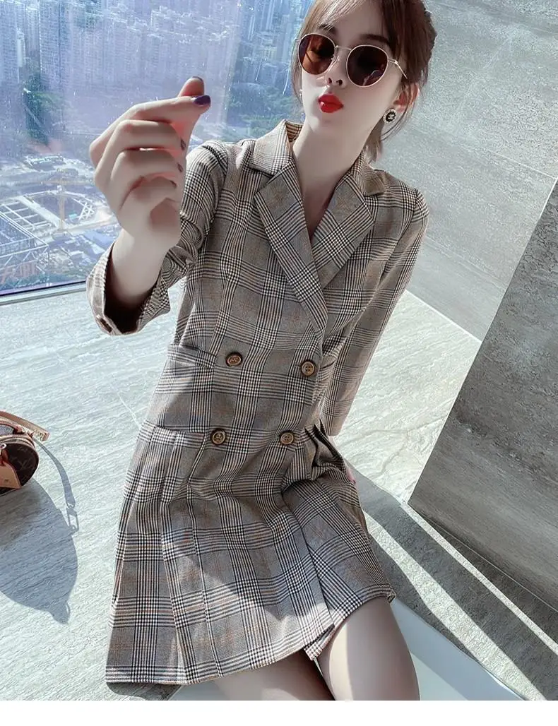 

Vintage Fashion WOMEN Plaid Pleated Dresses Female Double Breasted Dresses Autumn Winter Elegant Vestidos For Women Date Dress