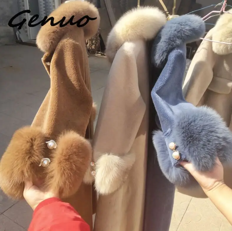 Genuo Новинка зимнее пальто из искусственного меха женская куртка большой меховой воротник размера плюс розовое длинное пальто Корейская Меховая куртка Manteau Femme Hiver