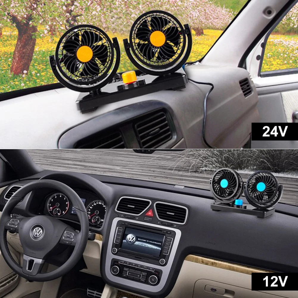 12V 24V Car Fan 360 Degree Adjustable Air Cooling Dual Head Fan Low Noise Dashboard Car Auto Cooler Air Fan Car Accessories