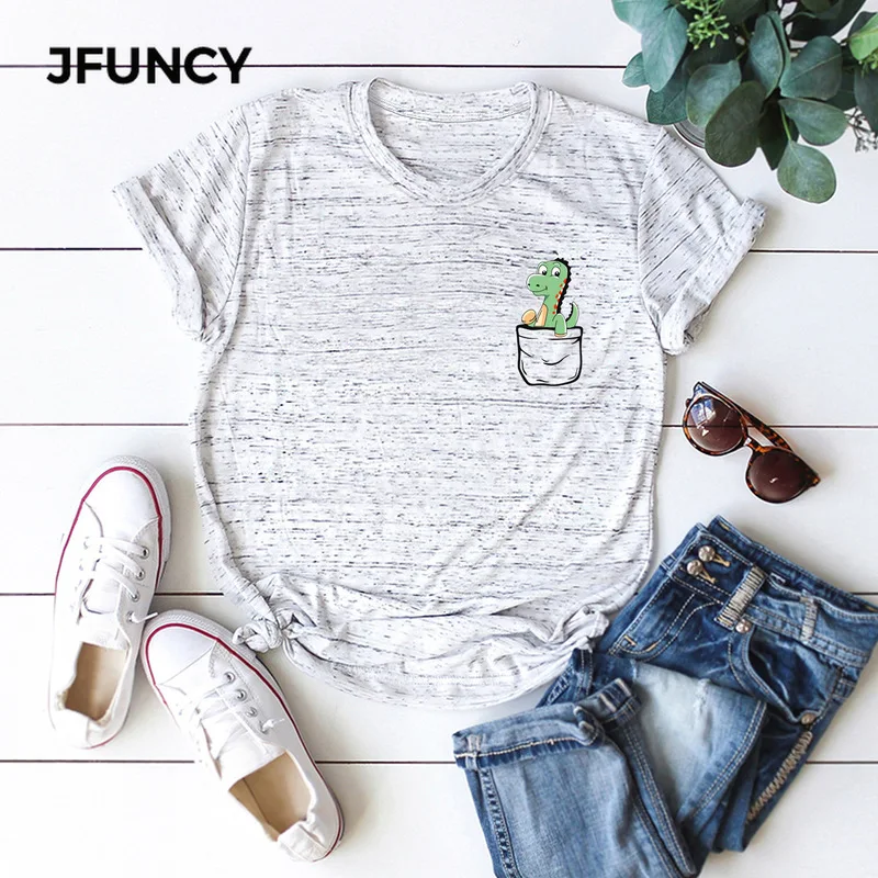 JFUNCY Women Tshirt Cartoon Dinosaur Print S-5XL Kawaii Harajuku Female Shirts Top Clothes Woman Cotton T-shirts Camiseta Mujer