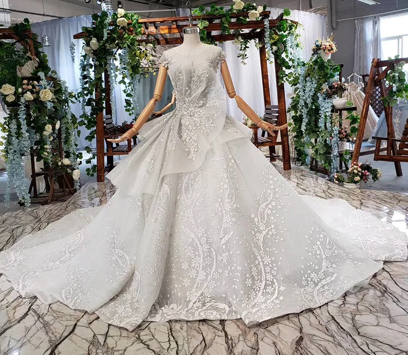 HTL788 роскошное свадебное платье со шлейфом, круглым вырезом, аппликацией, шапка с рисунком, рукава, свадебные платья с низким вырезом на спине, специальное предложение