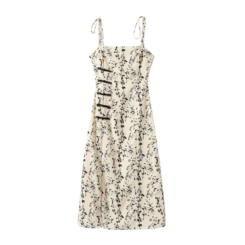 

Casual Party Split Qipao Dress Summer Cheongsam Elegant Print Floral Camisole Dress Women Sexy Vintage Sweet Dress