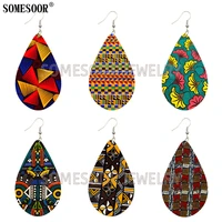 somesoor jewelry women dangle earrings wood both sides printing afro ethnic fabric pattern tear drop shape pendant accessories
