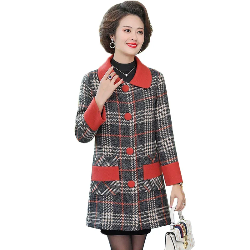 

Middle-aged Women's Wool Coat Autumn Winter Fashion Woolen Jacket Mid-Long Cardigan Plaid Coats Overcoat Plus Size Outerwear 5XL
