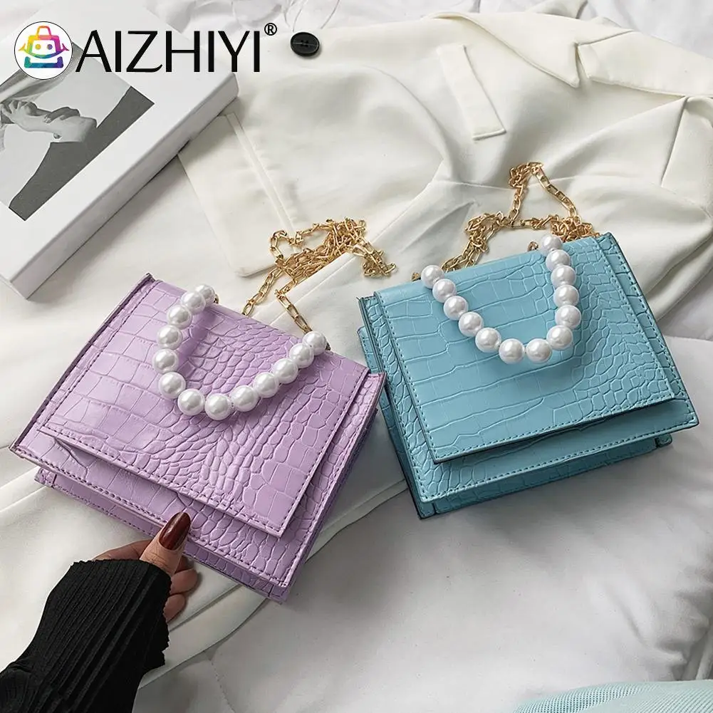 

2021 New Fashion Women Alligator Pattern Crossbody Bag Retro Chain PU Leather Handbag Solid Color Pleated Tote Bag