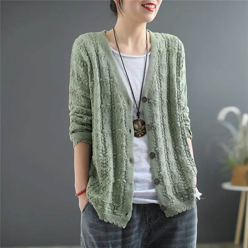 

Spring V-Neck Knit Cardigan Jacket Women's Short Crochet Hollow and Thin Casual Knitwear Solid Color Long Sleeve Outerwear zh064