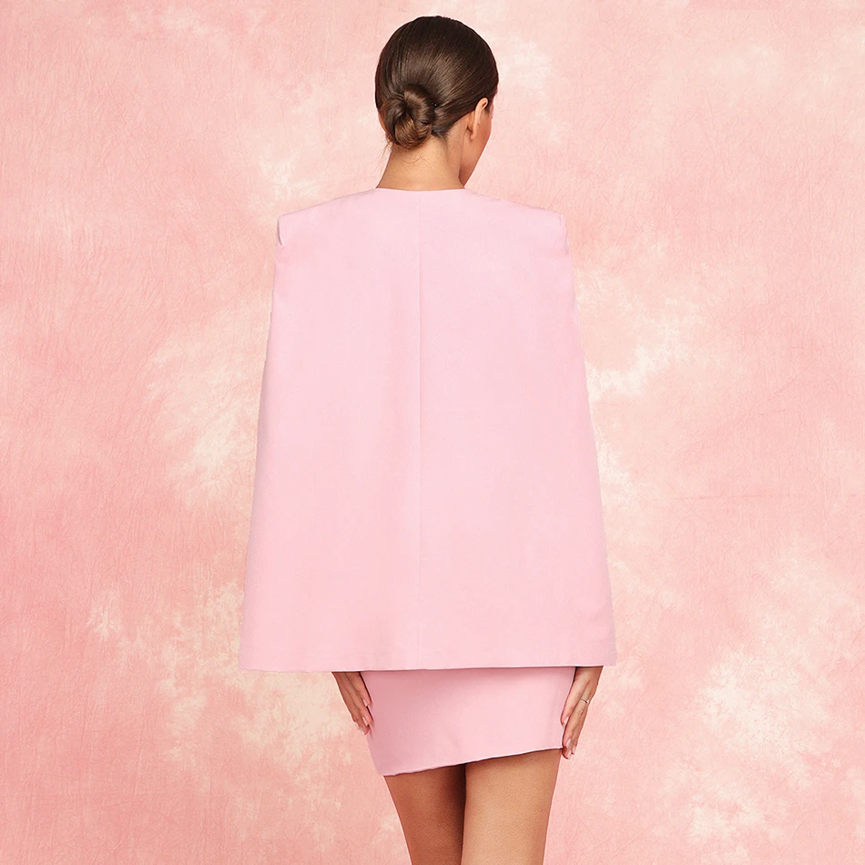 

2019 Autumn And Winter New Elegant Chic Bodycon Pink V-Neck Sleeveless Cloak Design 2 Two-Piece Sexy Party Mini Dress Vestidos