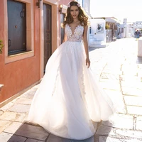 charming boho a line wedding dress 2021 sweep train lace appliques v neck sleeveless bridal gowns custom made