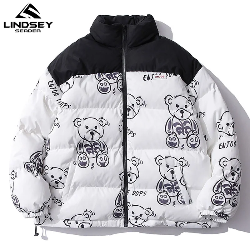 Мужская теплая куртка пуховик в стиле пэчворк с мультяшным медведем|Мужские