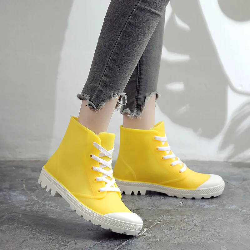 New Fashion Rain Boots Women Shoes Candy Color Non-slip Jelly Shoes Woman Ankle Boots Lace Up Waterproof Gum'd Boots galoshes