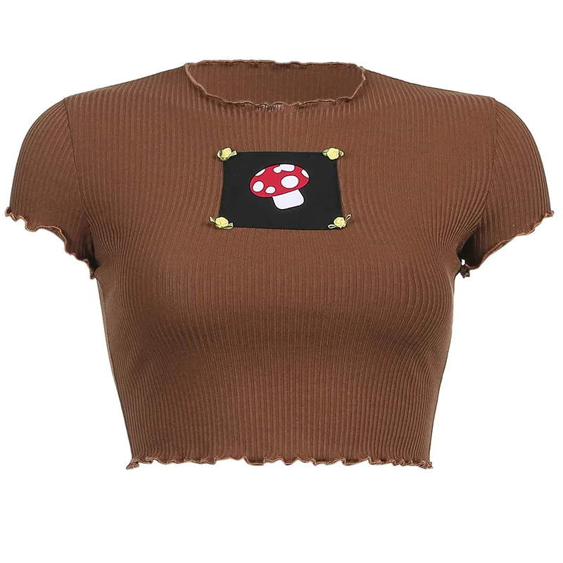 

Women Short-sleeved Short-sleeved T-shirt with Small Mushroom Print Flower Ribbed Summer Sexy Casual Pullover Slim Round Neck