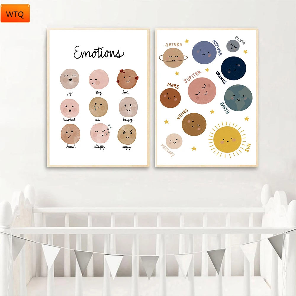 

Nursery Room Prints Color Painting On Canvas Watercolor Cartoon Emotions Sun Mars Poster Picture Home Decor for Kids Baby Room