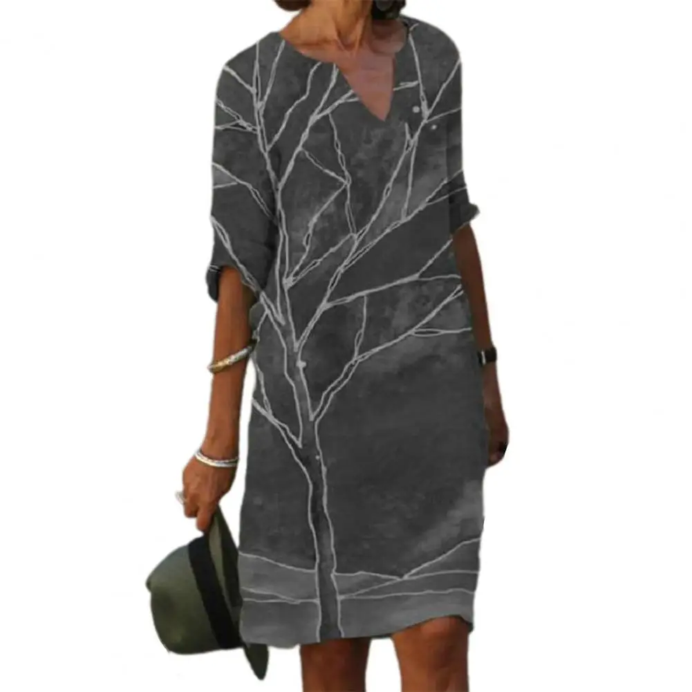 

2021 Women Summer Dress V-neck Loose Waist Printing Vintage Casual Five-point Sleeve Dresses