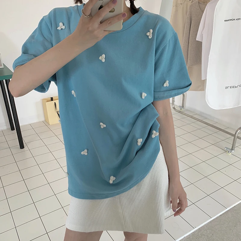 

Summer Korean Loose O-neck T-shirts Sweet Style Casual Short Sleeve T-shirts Women's Clothing Applique Casual Blue Ladies Tops