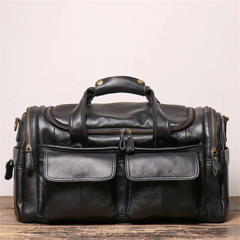 POOLOOS High Quality Large Big Vintage Brown Black Genuine Leather Business Men Travel Bags Shoulder Messenger Duffle Bag M0571