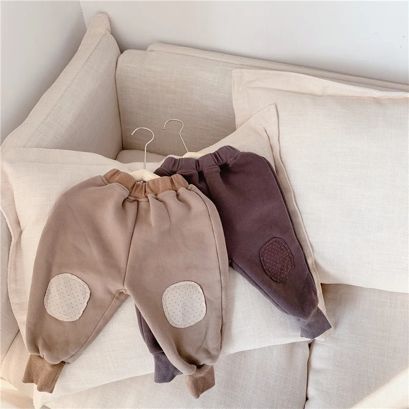 

WLG Kids Girls Warm Pants Winter Thick Velvet Patchwork Khaki Gray Trousers Baby Casual All Match Bottoms for 1-6 Years