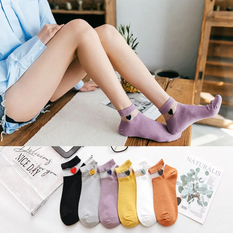 

1 Pairs Spring Summer Women Fashion Short Socks Cotton Elastic Transparent Silk Girls Female Heart Casual Thin Ankle Boat Sock