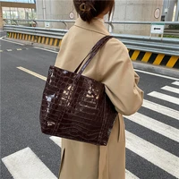 Retro Crocodile Print Large Tote Bag For Women With Zipper Green Black Ladies Leather Shoulder Bag Big Office Handbags Shopper